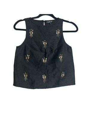 Topshop Black Sleeveless Beaded Cropped Top, size XS (0)